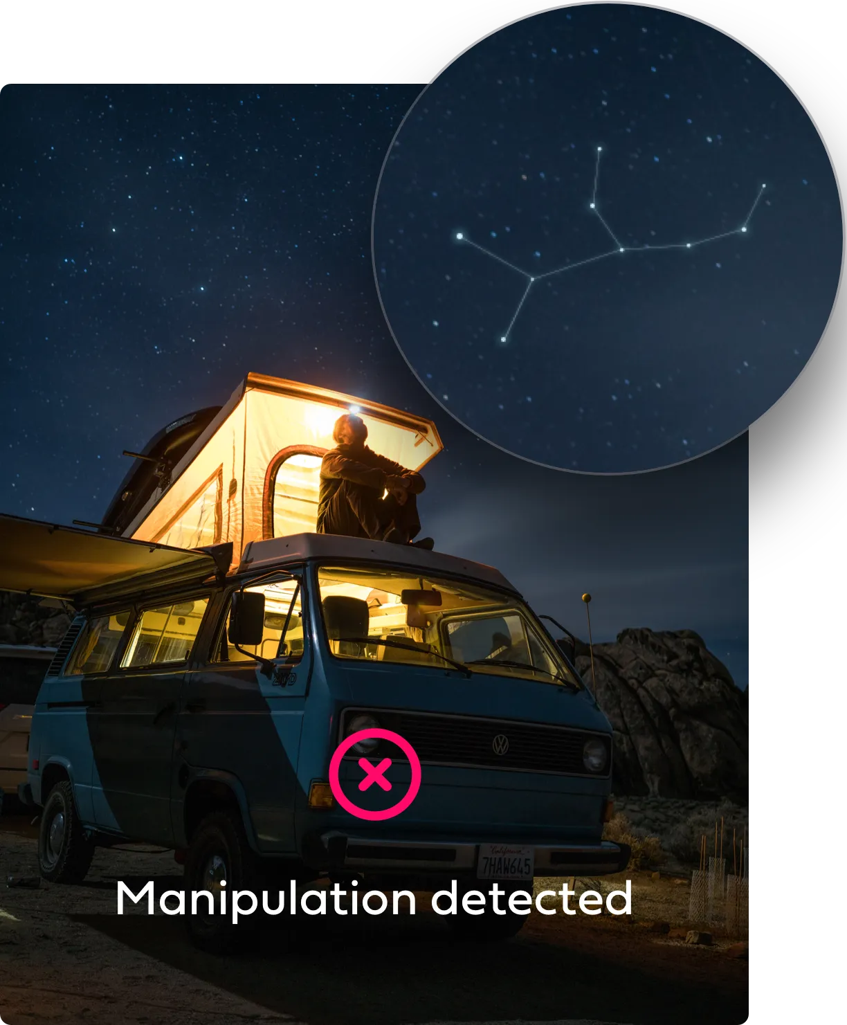 Person sitting on van at night with manipulation highlighted